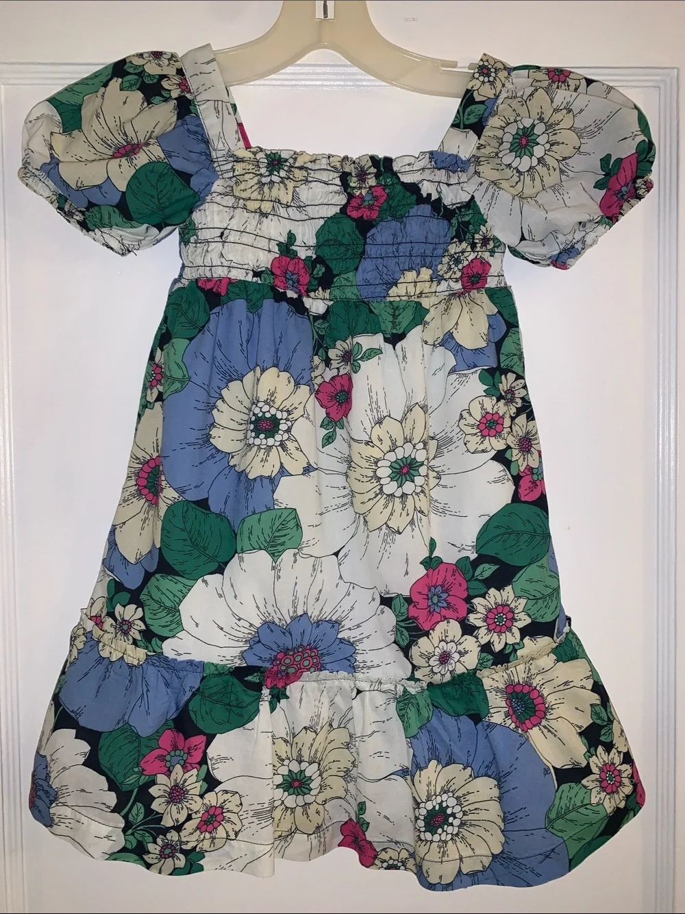 GAP Floral Puff Sleeve Dress 4 EUC White Blue Pink
